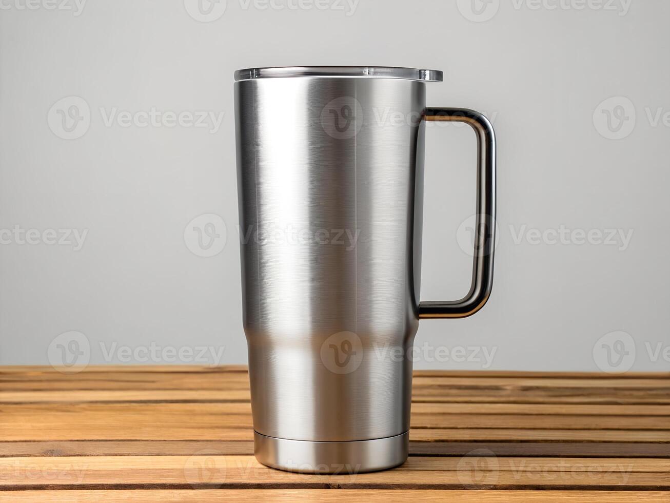 Steel Tumbler with Handle on Wooden Table photo