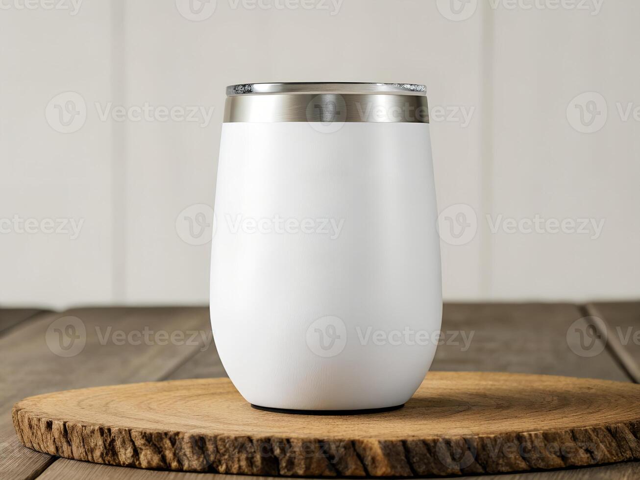 White Stainless Steel Insulated Tumbler on Wooden Surface photo