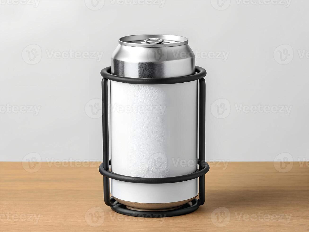 a can of beer sitting on top of a black holder photo