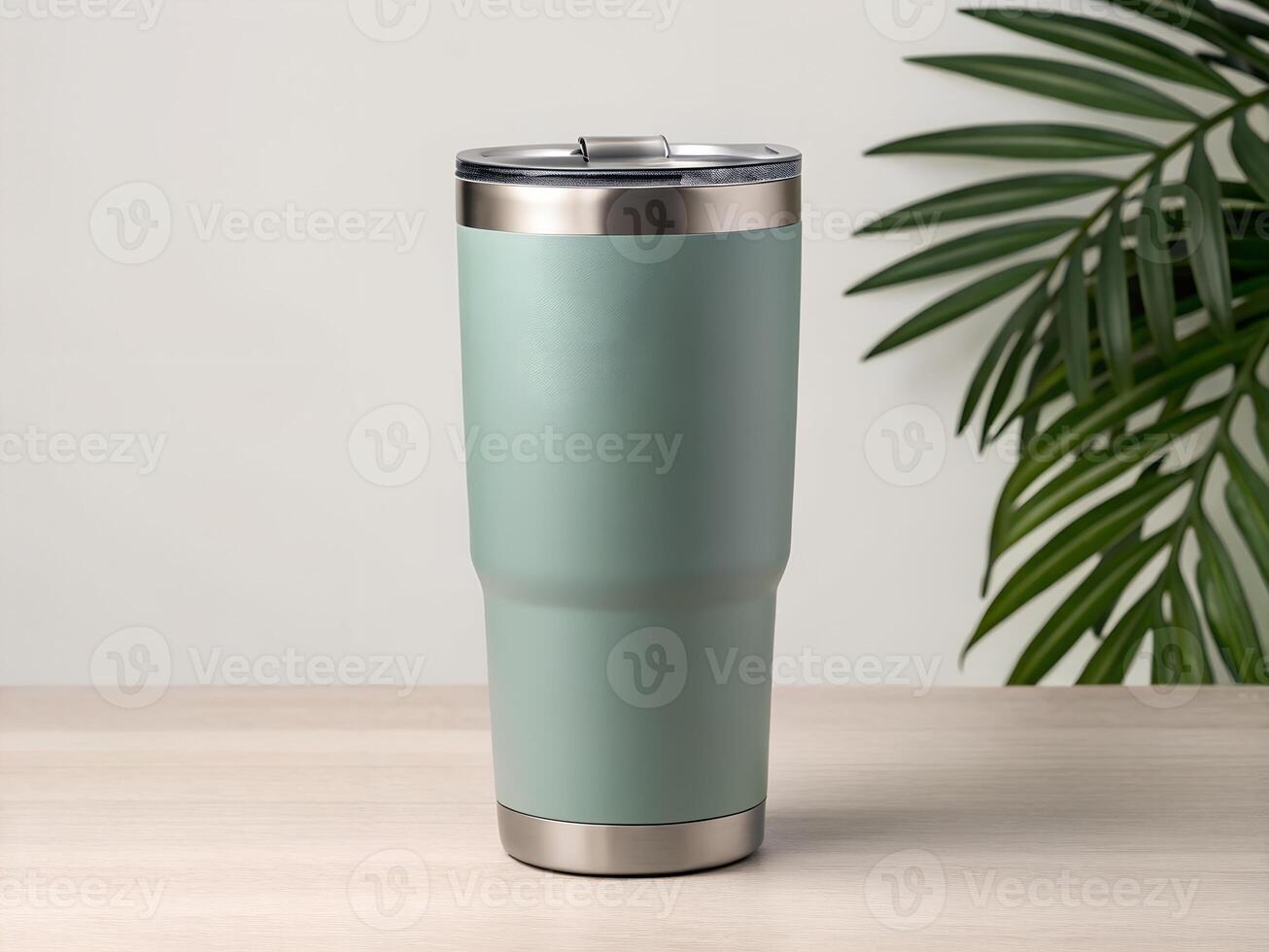 Sage Green Stainless Steel Insulated Tumbler with Silver Lid on Light Wood Table photo