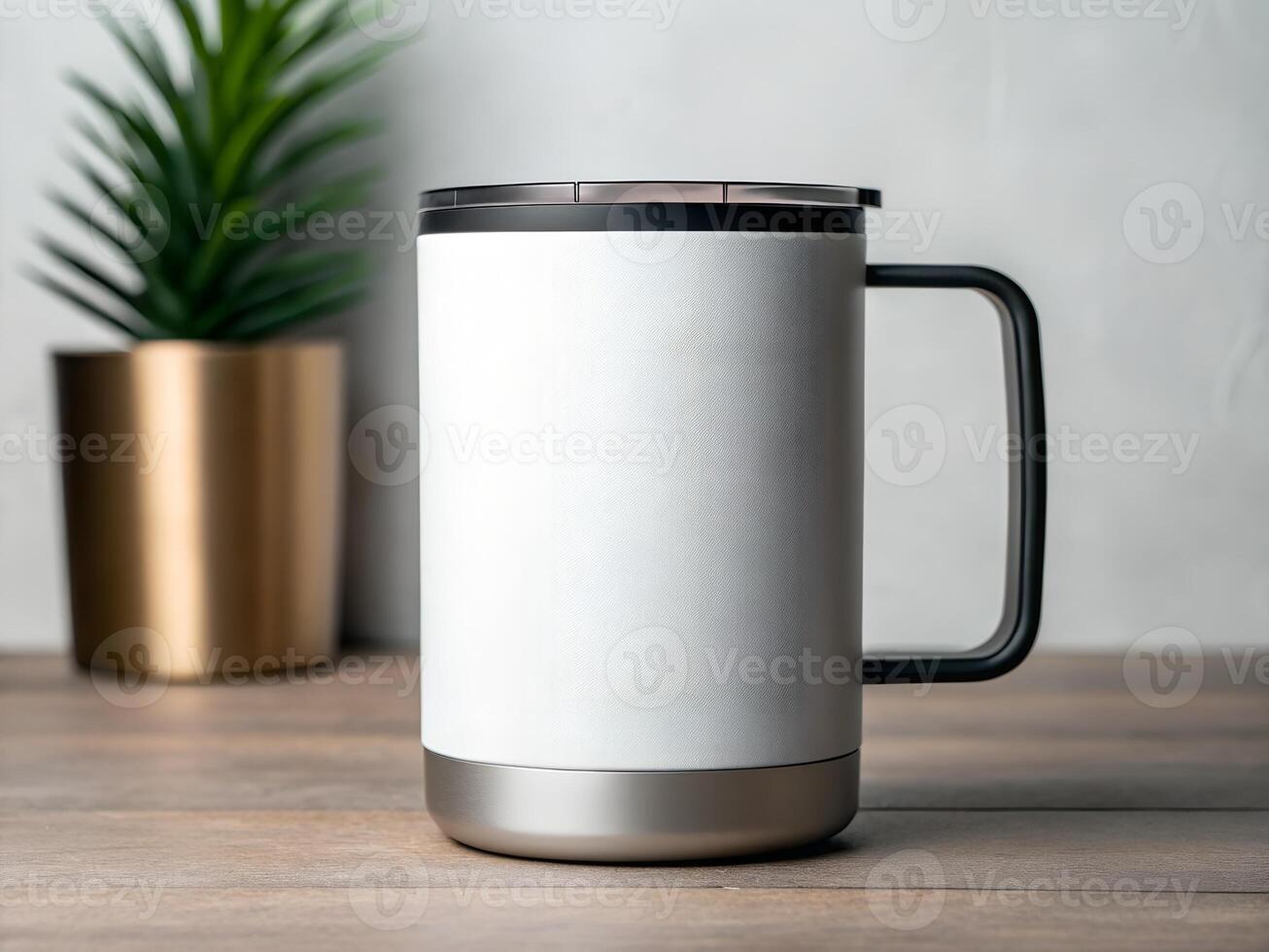 White Speckled Stainless Steel Travel Mug with Black Handle on Wooden Table photo