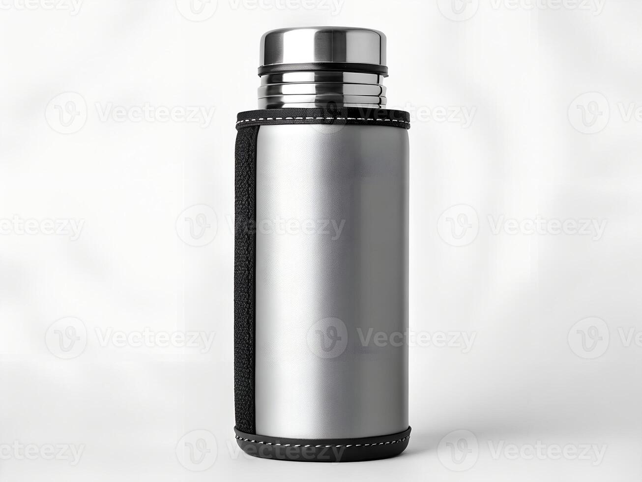 Silver Stainless Steel Water Bottle with Black Sleeve on White Background photo
