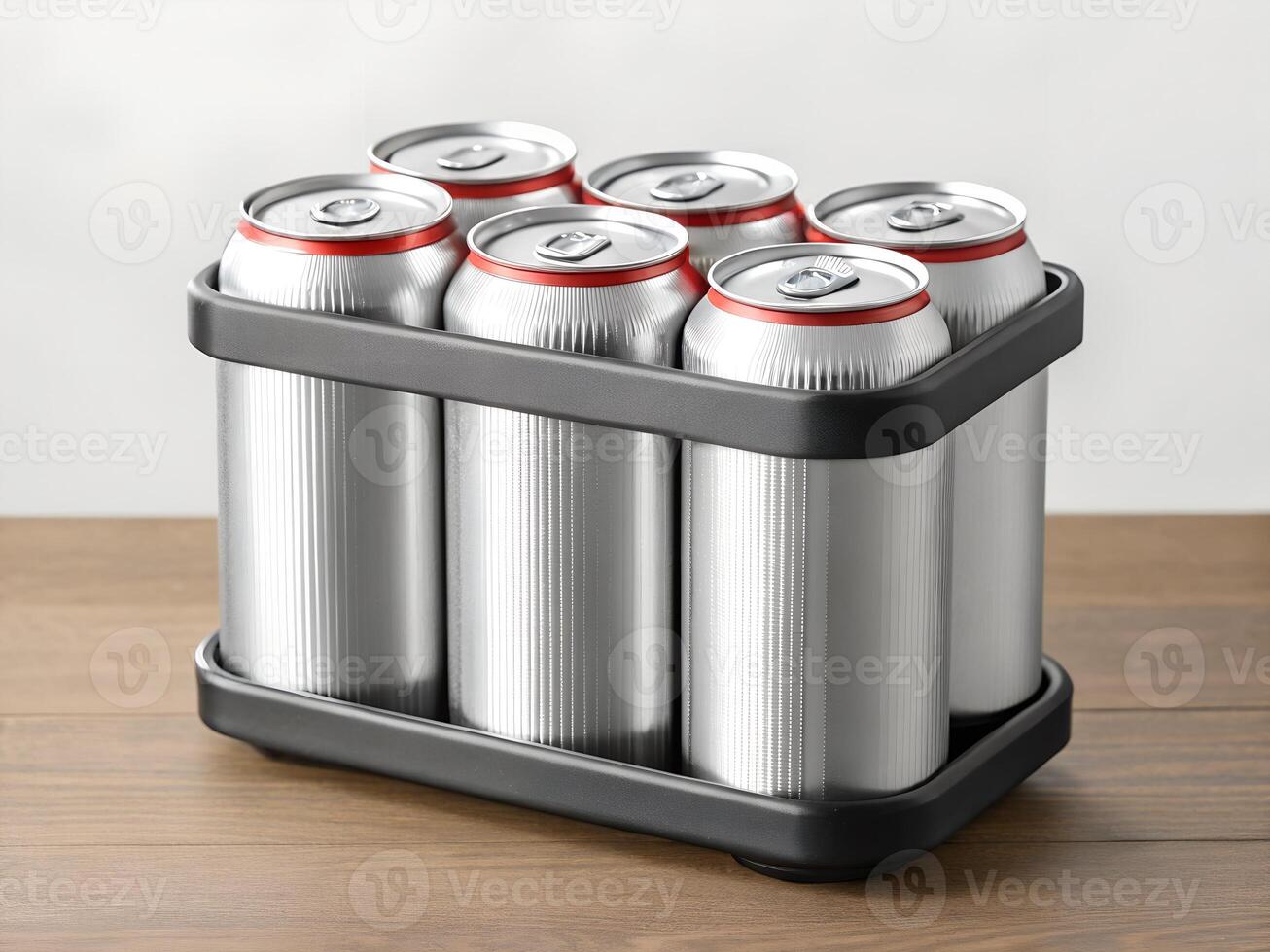 Six Pack of Aluminum Beverage Cans in a Black Carrier on Wooden Table photo