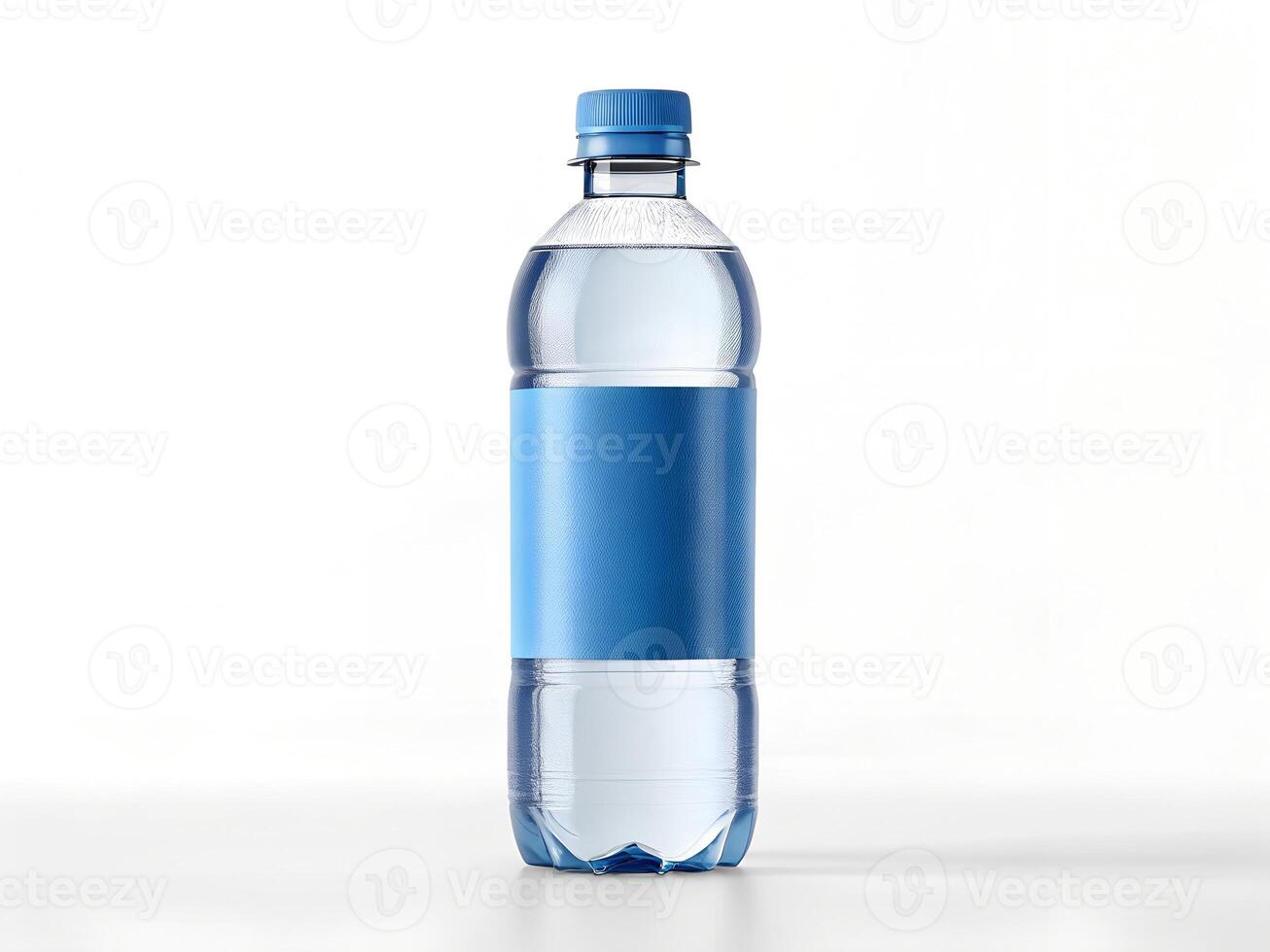 Clear Plastic Water Bottle with Blue Cap and Label on White Background photo