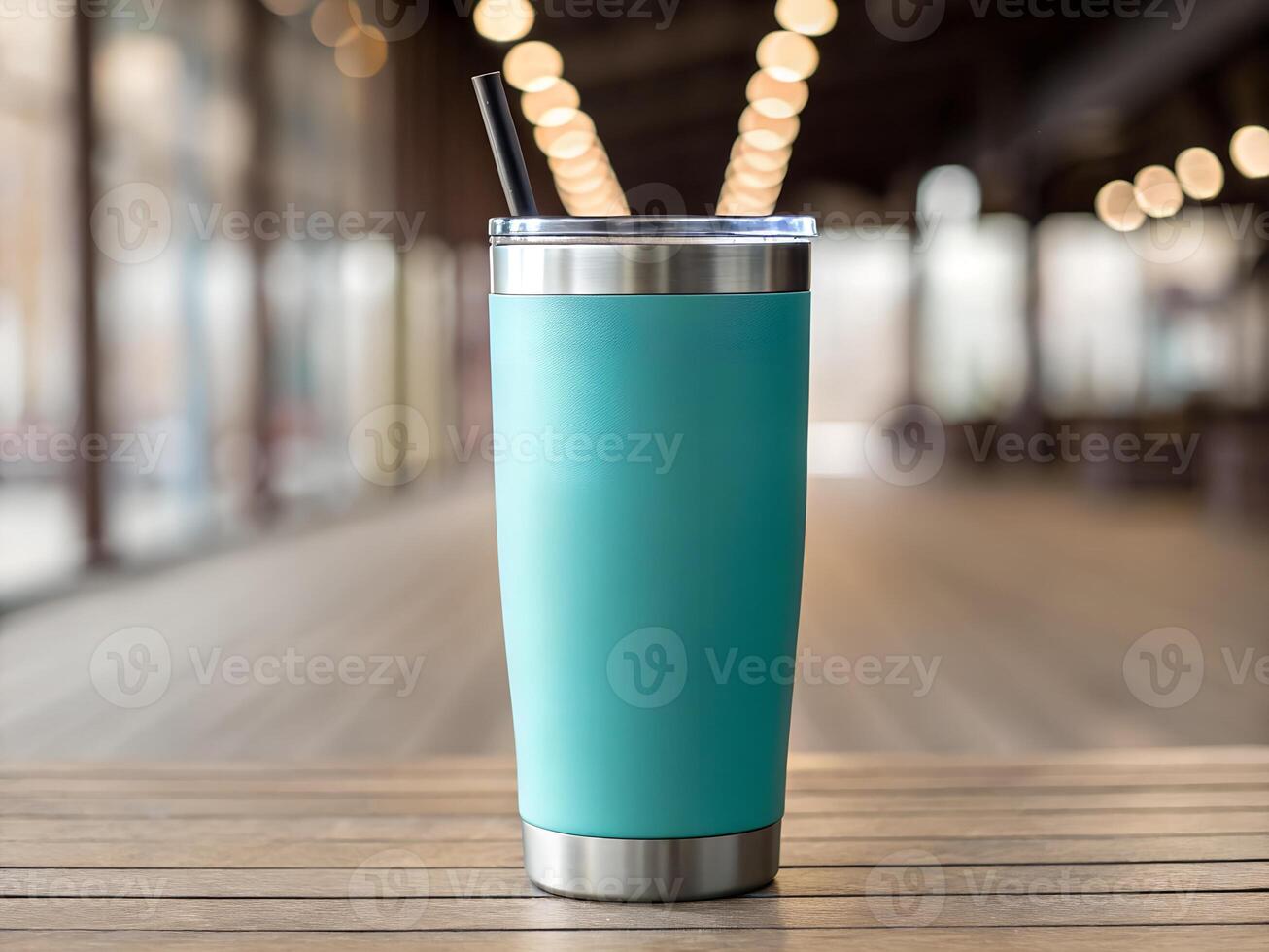 Teal Insulated Stainless Steel Tumbler on Wooden Table photo