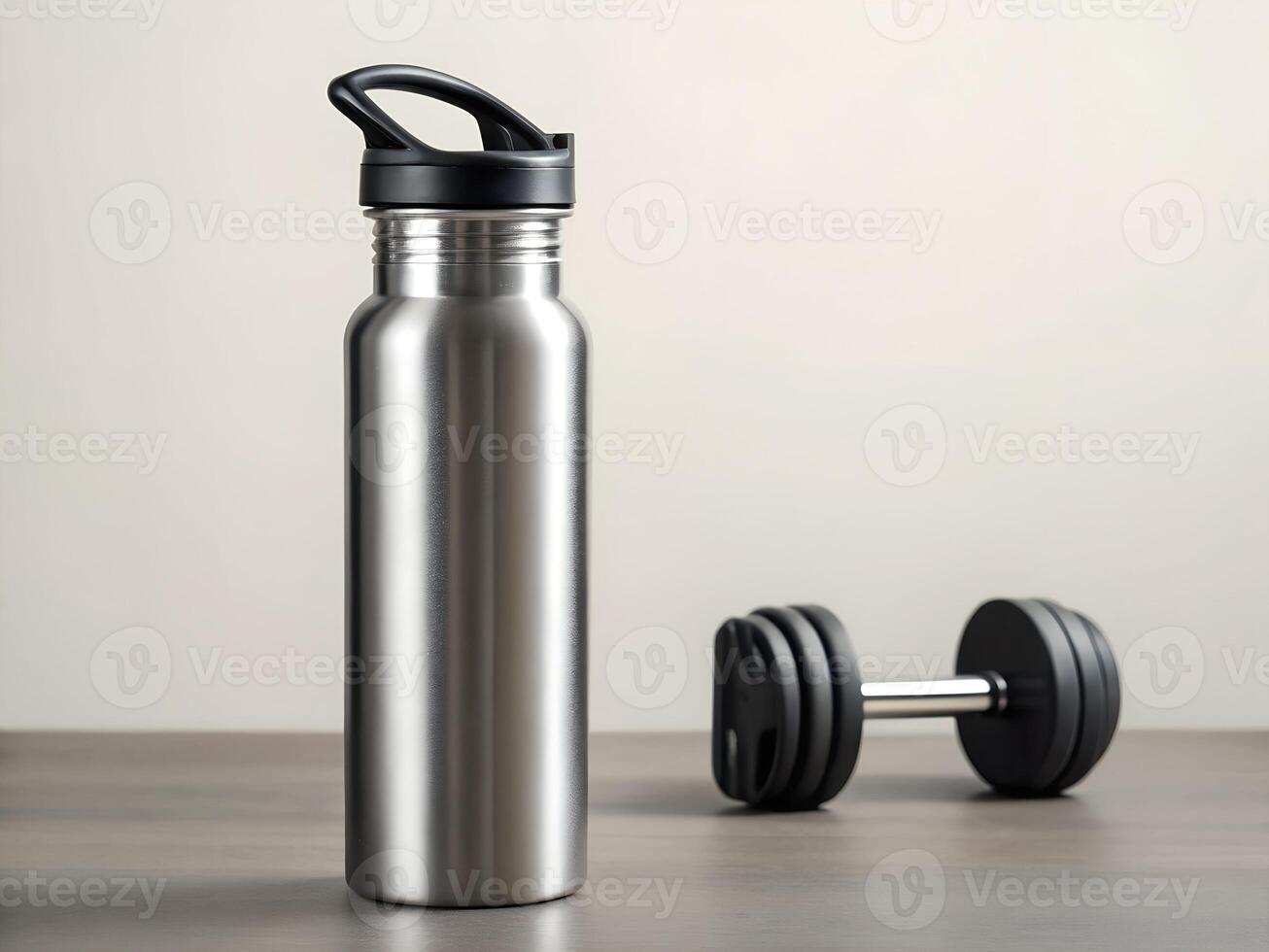 Silver Water Bottle and Black Dumbbell on Dark Table photo