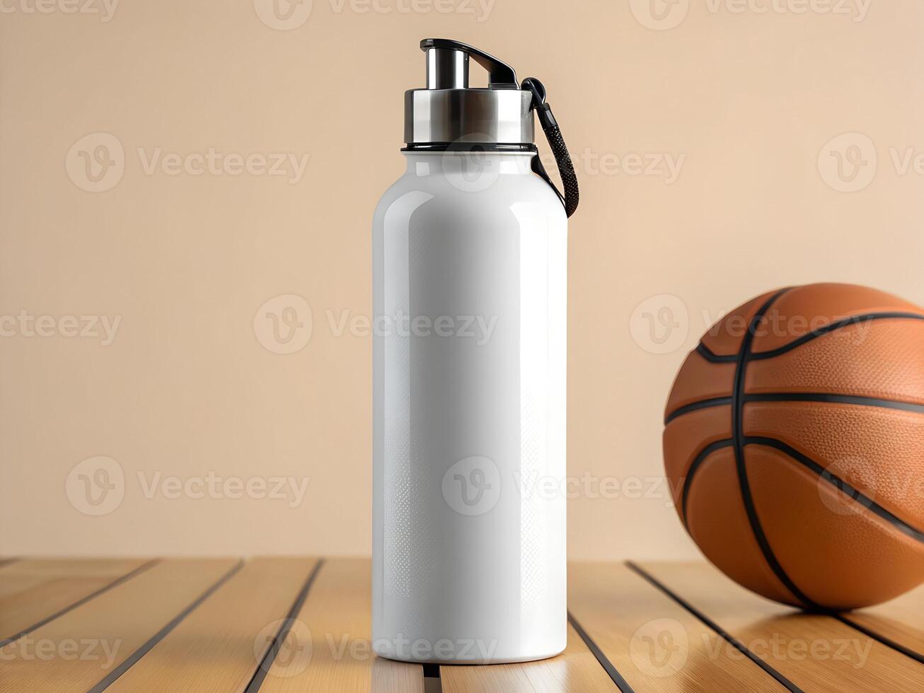 White Water Bottle and Basketball on Wooden Surface photo