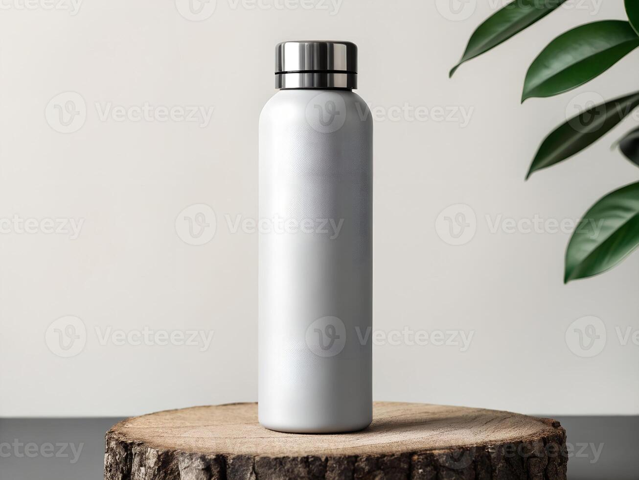 Modern Silver Water Bottle on Wooden Surface with Plant photo