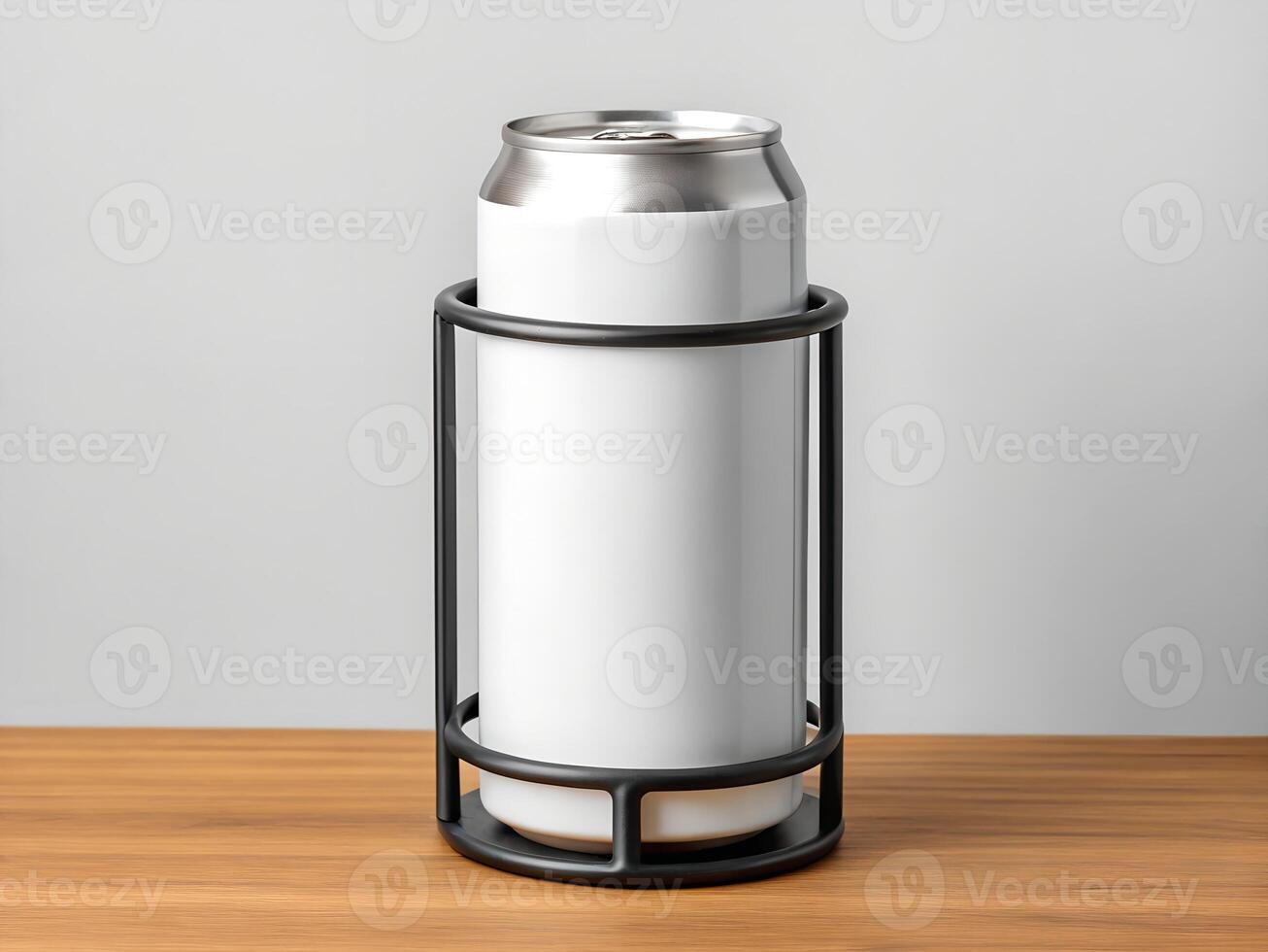 White Aluminum Can in Black Metal Holder on Wooden Table photo