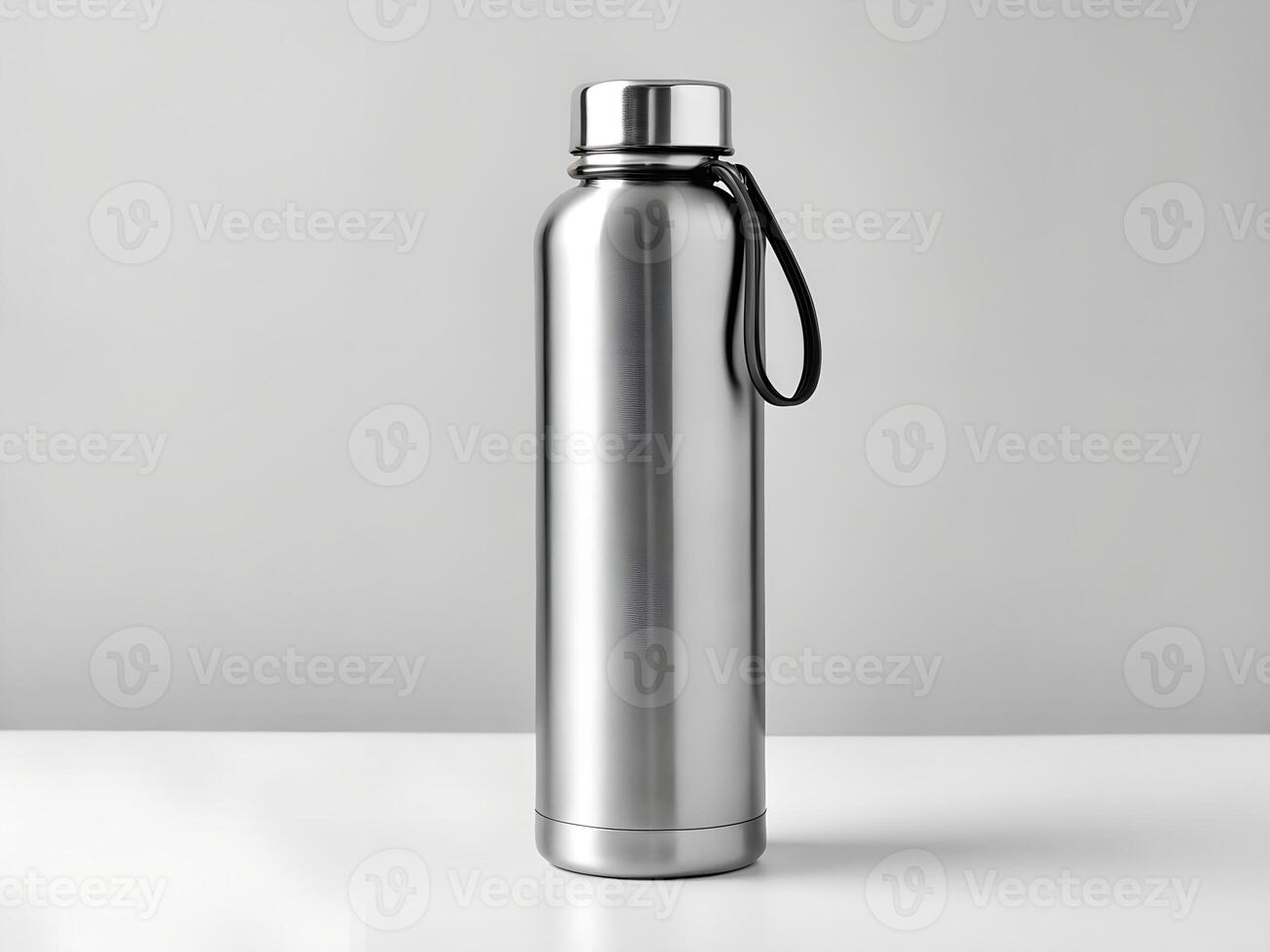 Sleek Silver Stainless Steel Water Bottle with Carry Handle on White Background photo