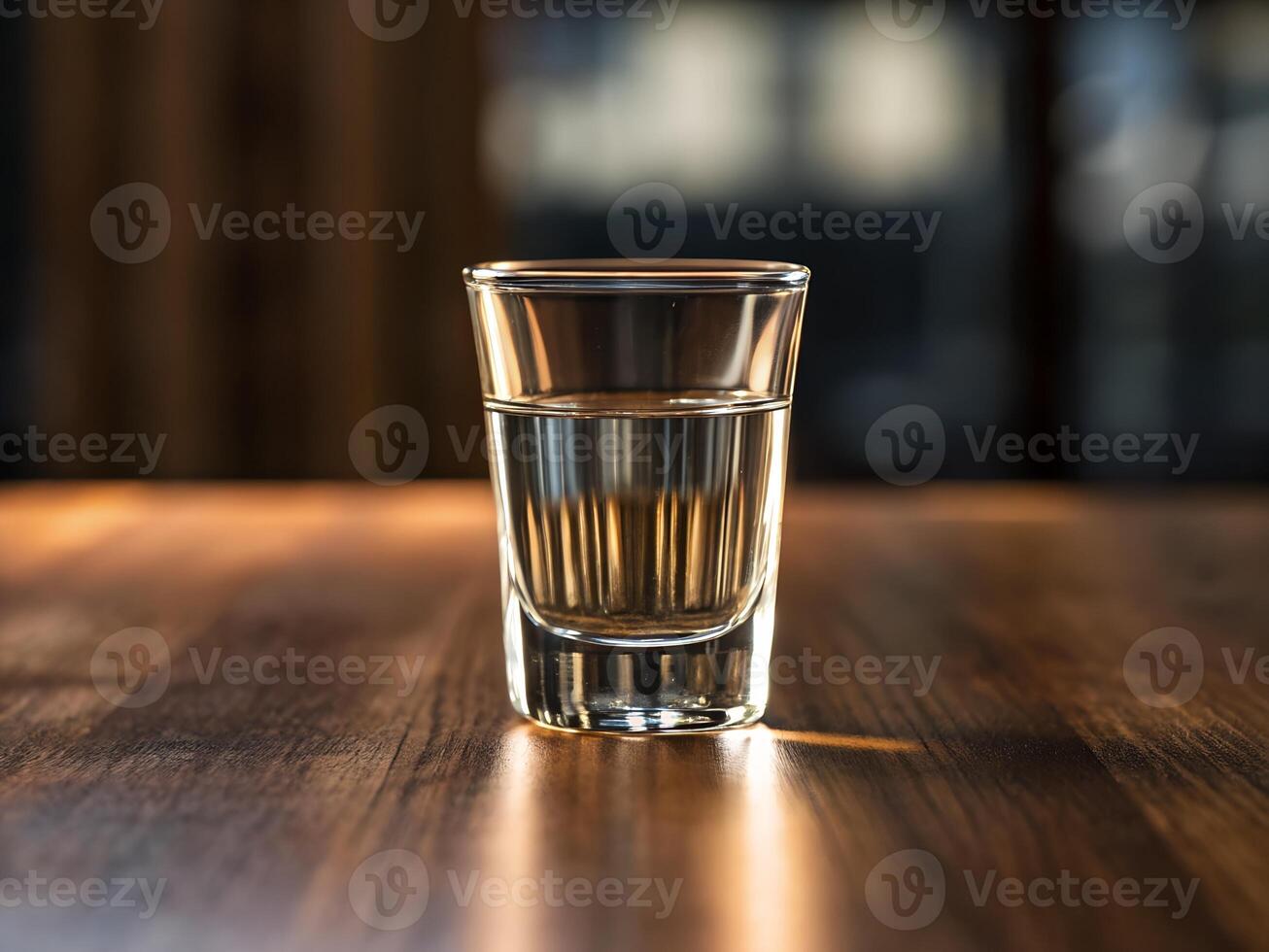 Single Shot of Clear Liquor in a Shot Glass on a Dark Wood Table photo