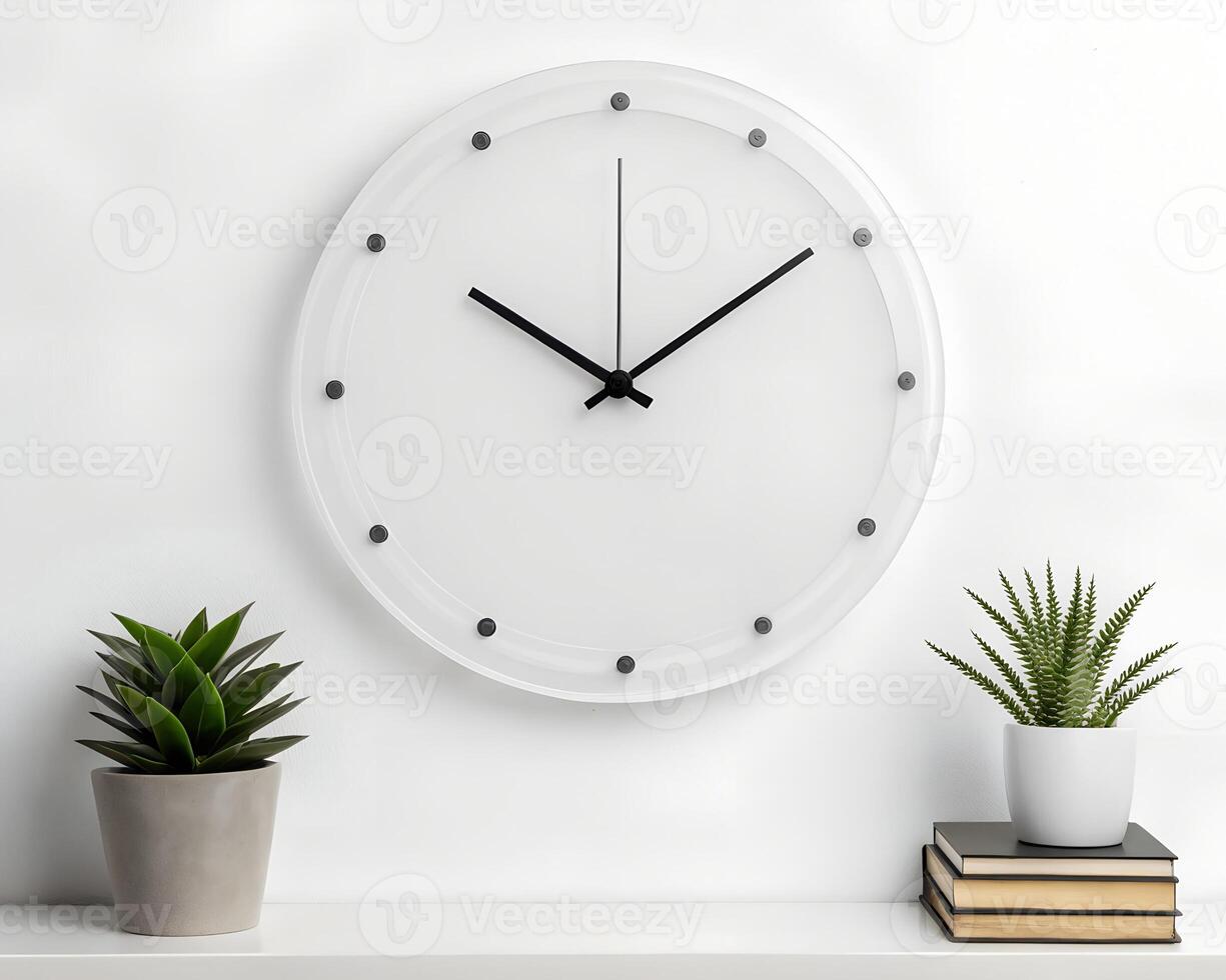 Modern White Wall Clock with Succulents and Books photo
