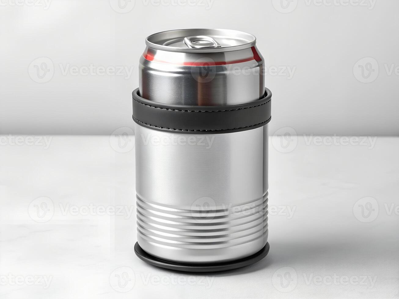 Silver Aluminum Can with Black Insulating Sleeve on White Surface photo