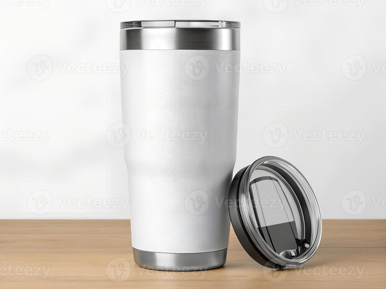 White Textured Stainless Steel Travel Mug with Silver Lid on Wooden Table photo