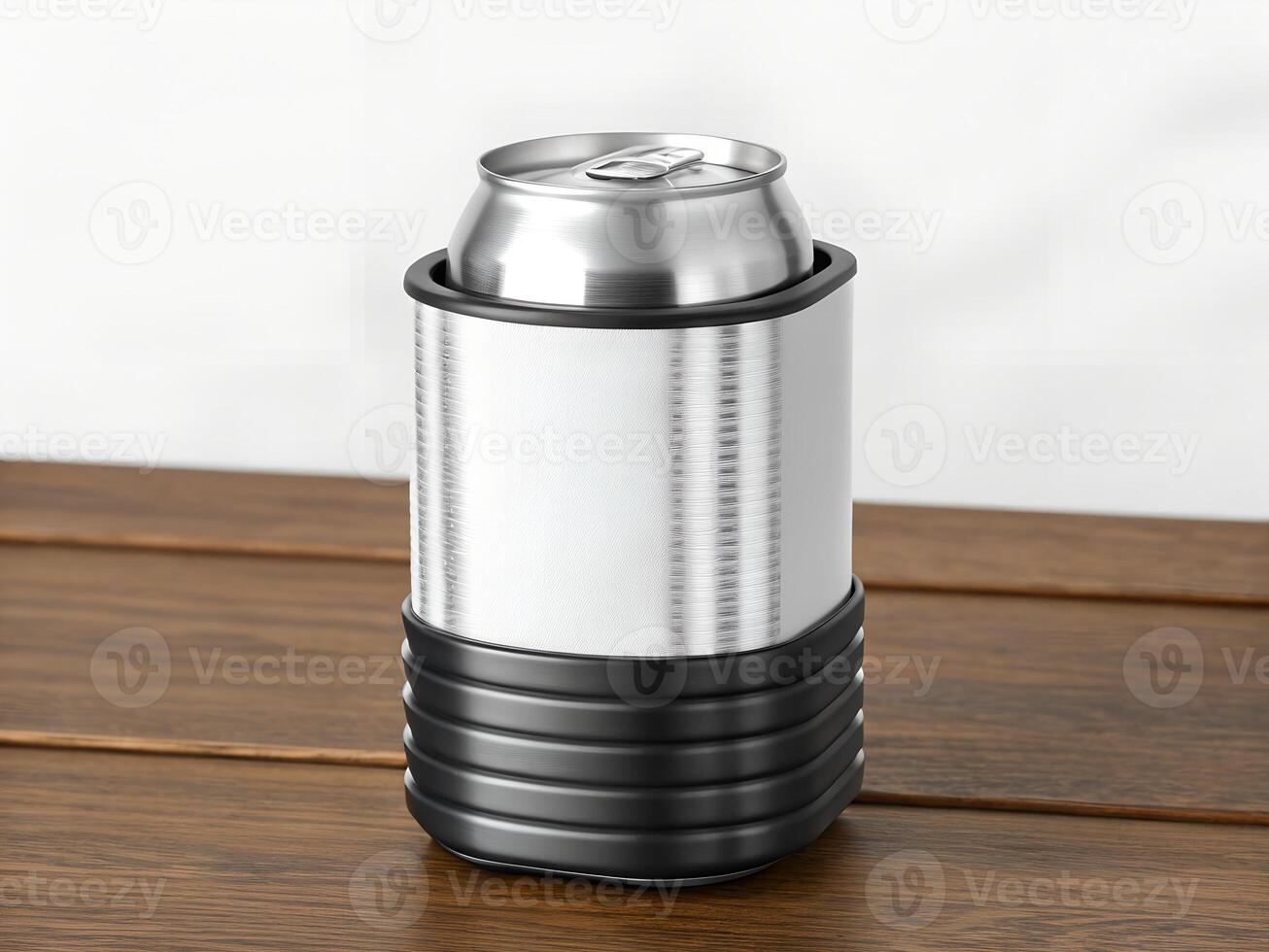 Silver and Black Can Cooler on Wooden Table photo