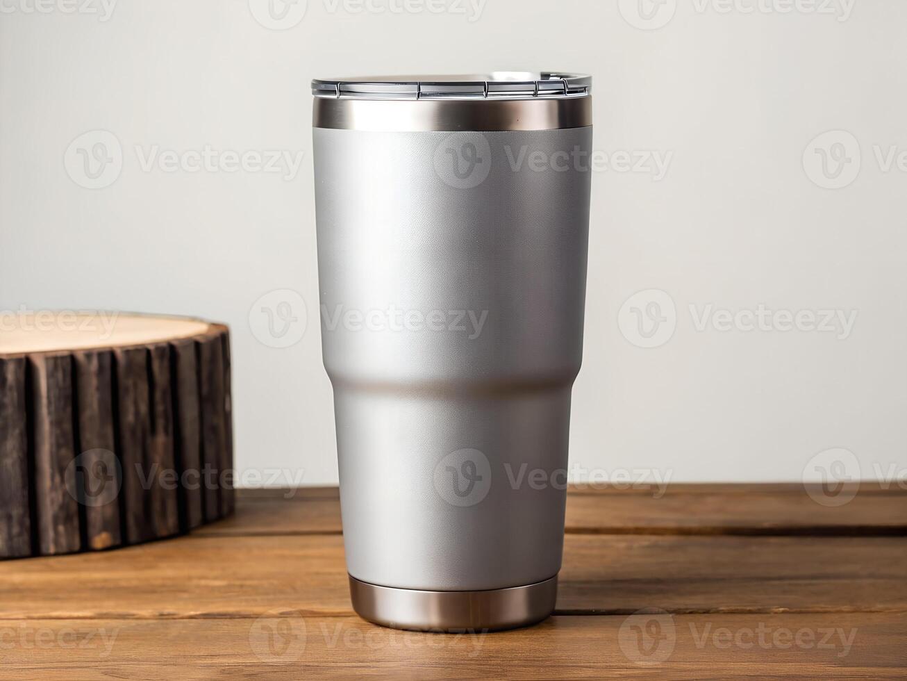 Silver Textured Stainless Steel Tumbler on Wooden Table photo