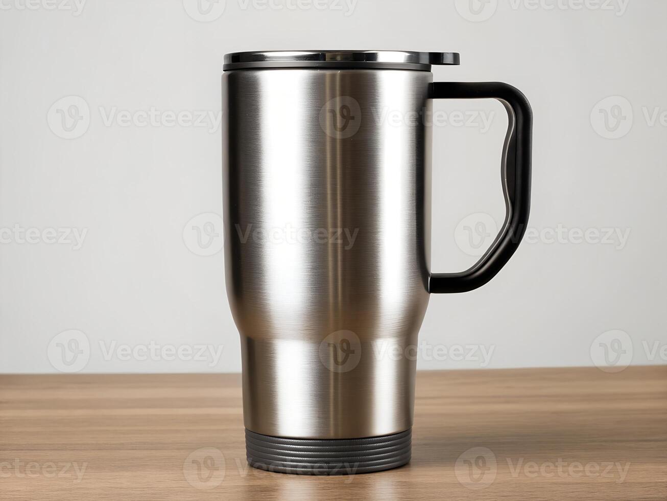 Silver Stainless Steel Travel Mug on Wooden Table photo