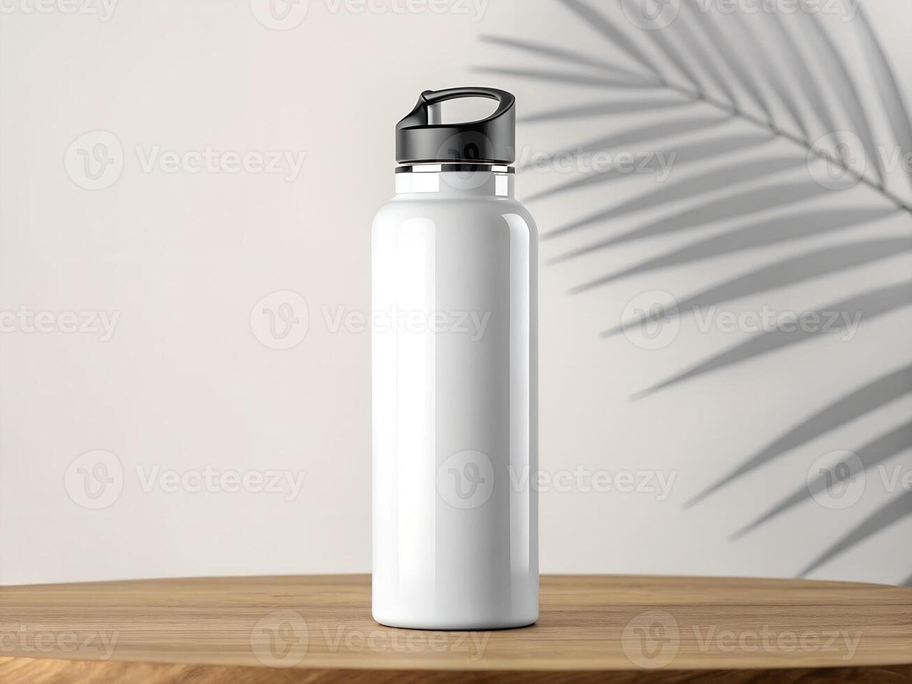 White Stainless Steel Water Bottle on Wooden Table with Palm Leaf Shadow photo