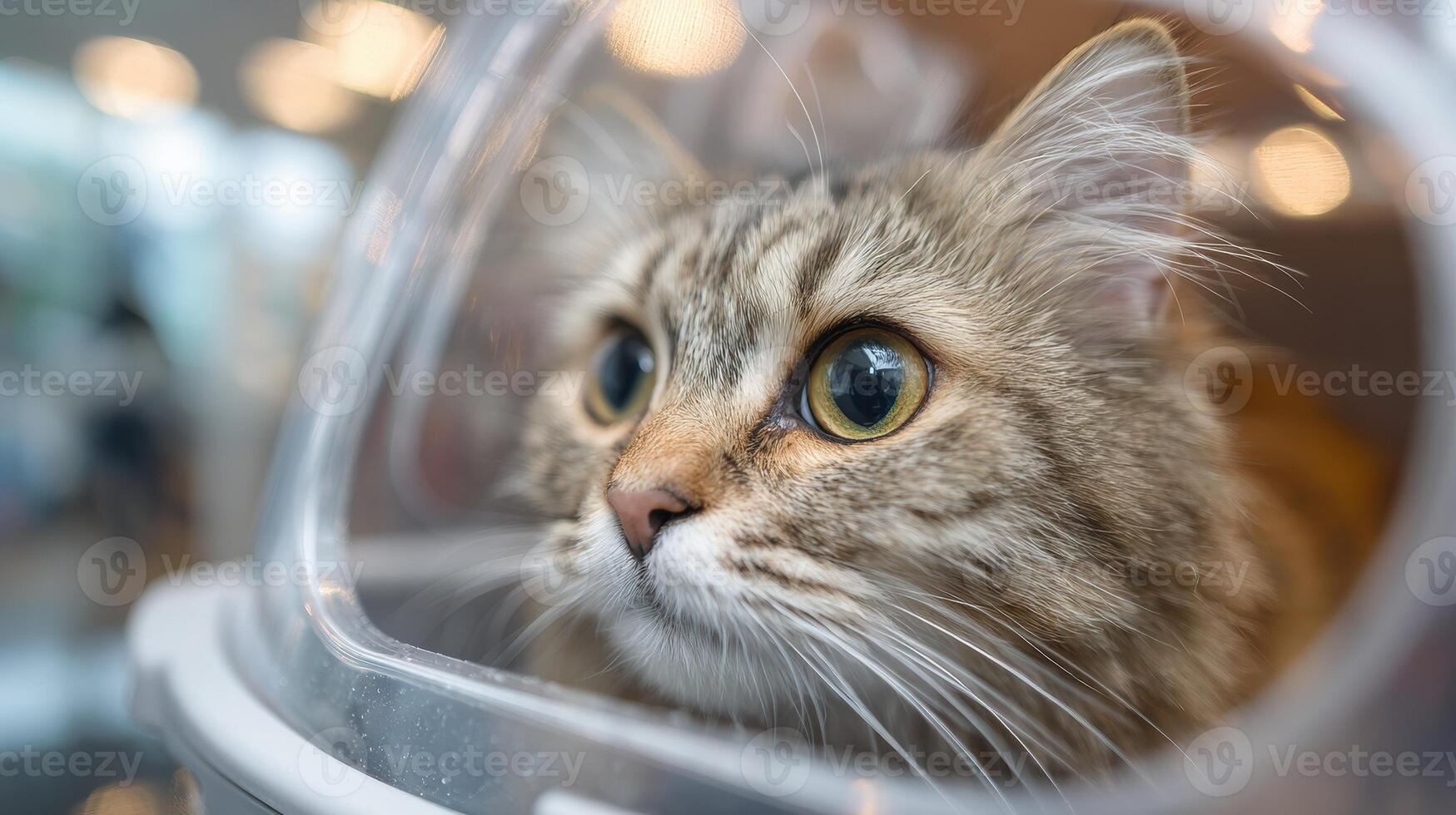 Calm Cat Relaxed in Transparent Travel Carrier at Veterinary Clinic With Blurred Background and Minimal Distractions Nearby photo