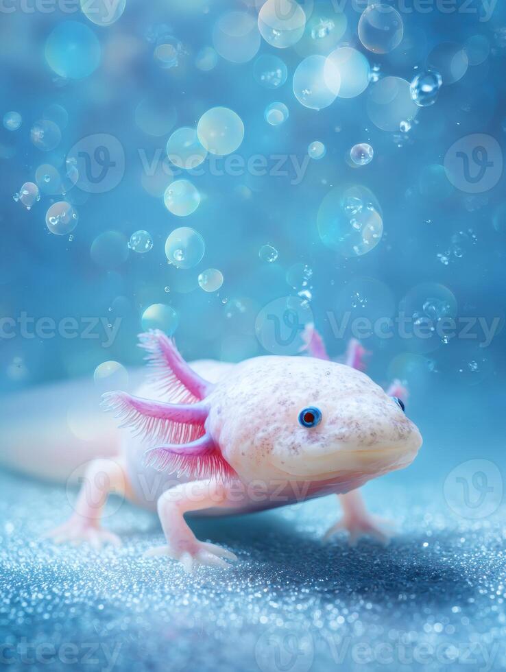 Colorful Axolotl Swimming in Clear Water With Bubbly Background Creating a Serene Aquatic Environment photo