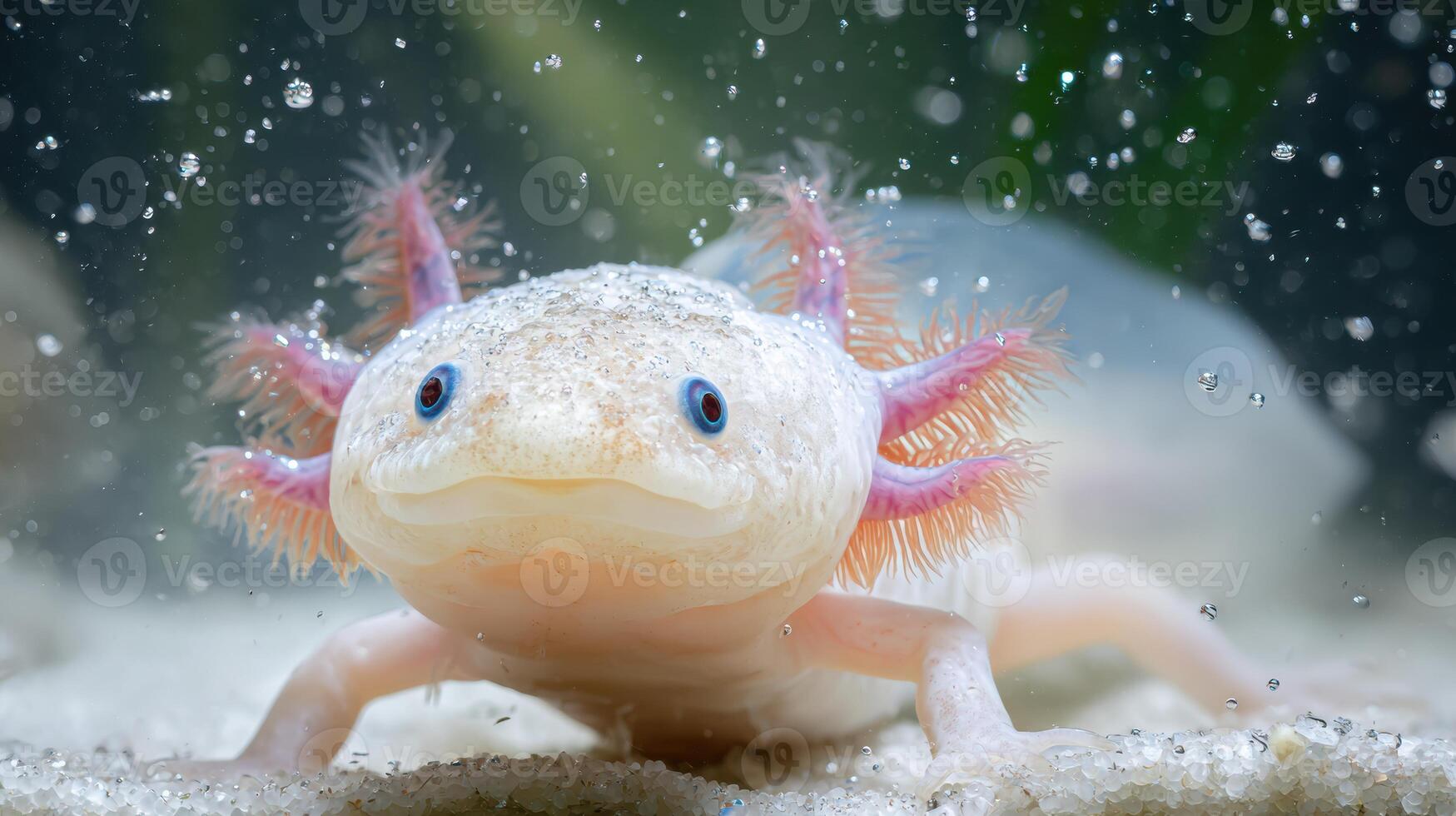 Colorful Axolotl Swimming in Clean Water With Light Bubbles and Sandy Bottom During Daytime photo