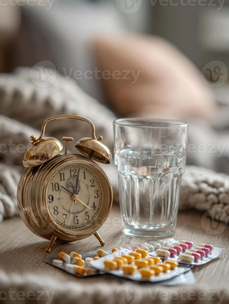 Morning Routine With Bedside Alarm Clock, Glass of Water, and Medication in a Cozy Bedroom Setting photo