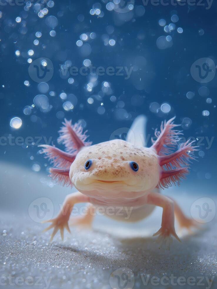 Colorful Axolotl Swimming Gracefully in Clear Water With Light Bubbles and Clean Sandy Bottom photo