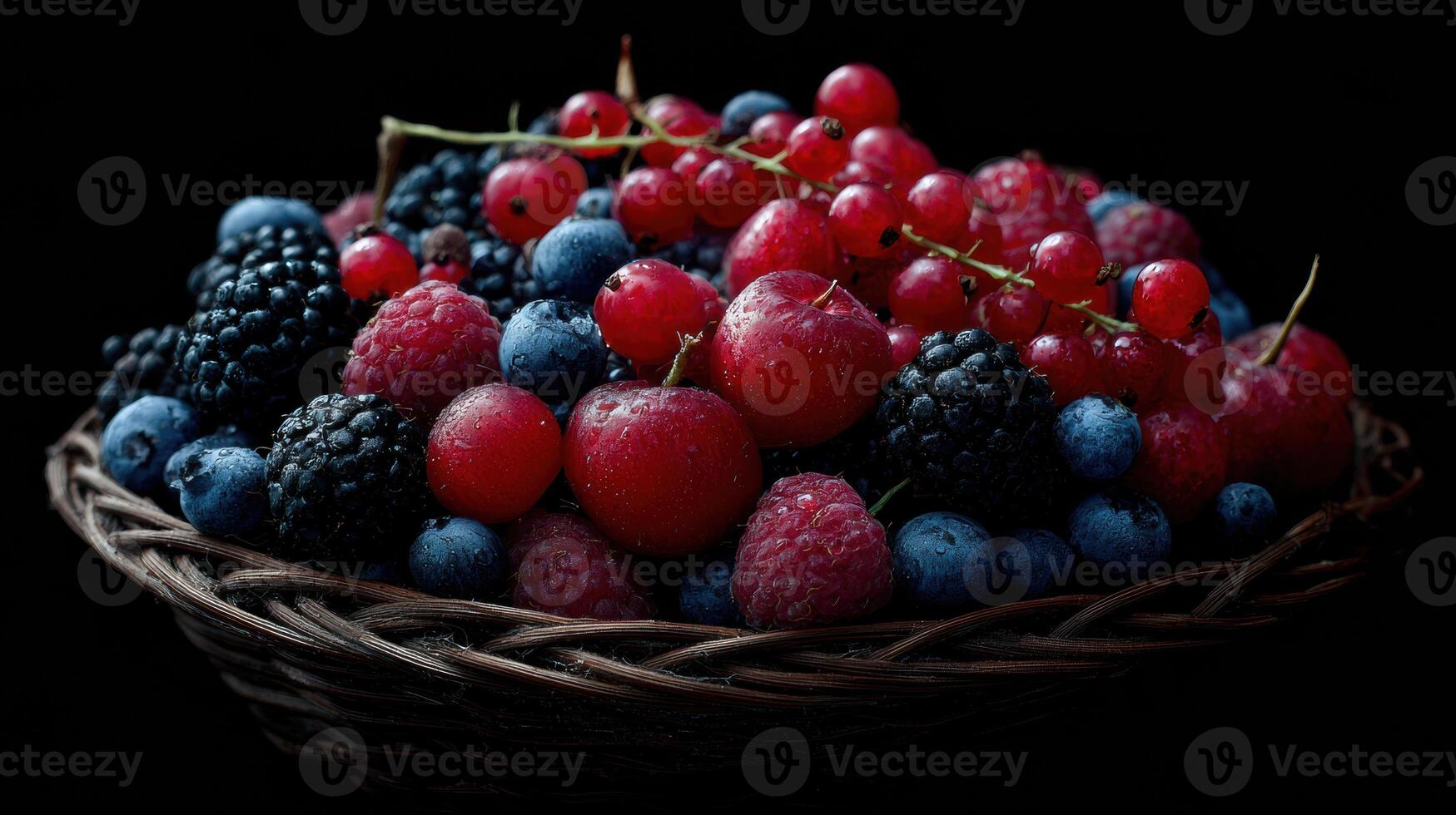 Basket Filled With a Variety of Fresh Berries Against a High Contrast Background Creating a Vibrant Visual Appeal photo