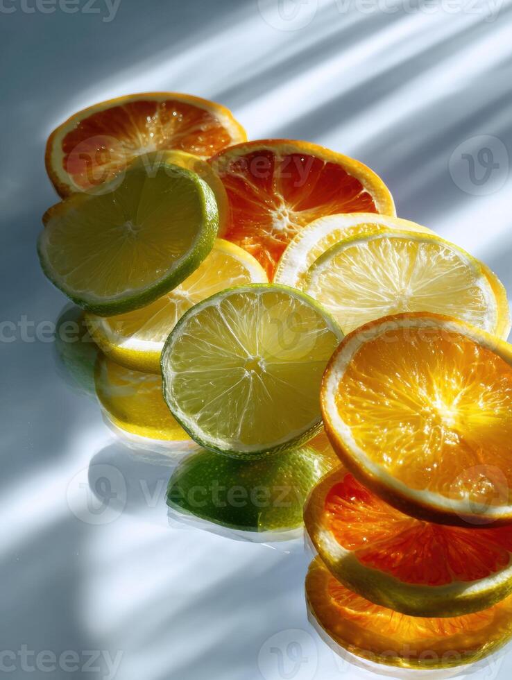 Bright Citrus Slices Arranged on a Glass Table Reflecting Light, Showcasing a Vibrant Arrangement With an Empty Upper Third Space photo