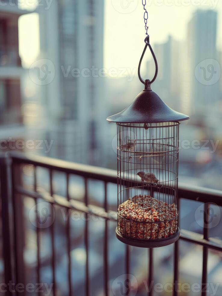 Bird Enjoying Seeds From Stylish Feeder on Balcony Overlooking Cityscape at Dawn photo