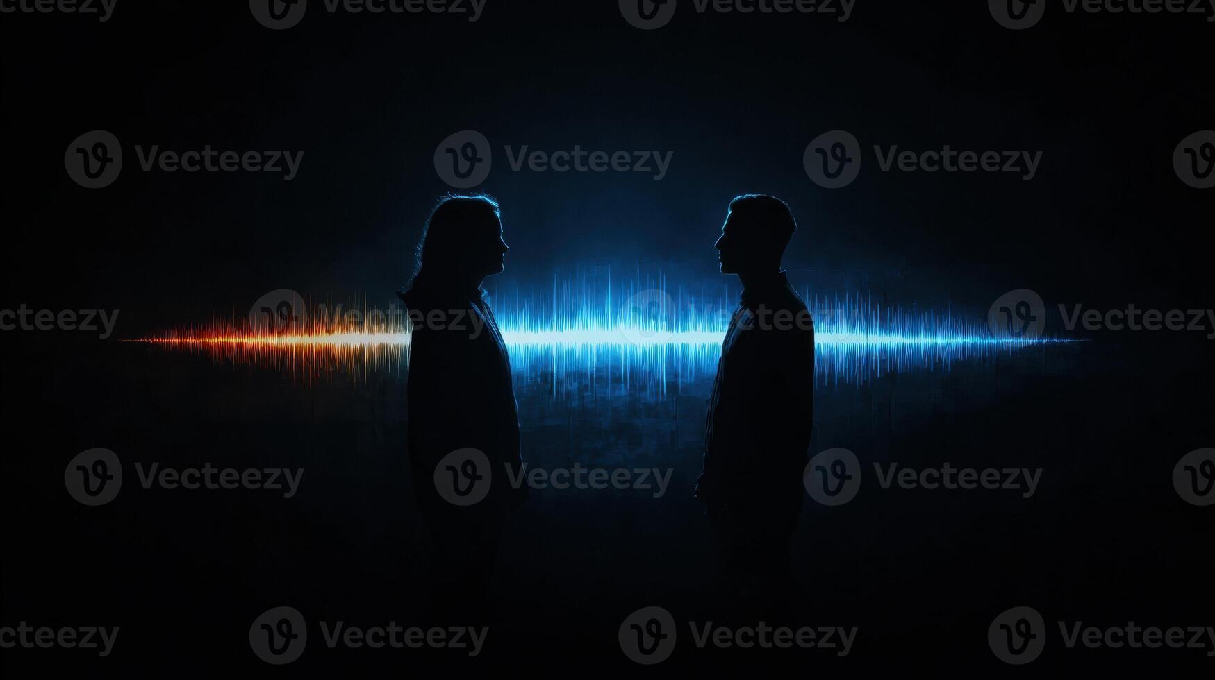 Audio Waveform Glows Between Two Silhouettes Creating a Captivating Contrast in a Dark Environment photo