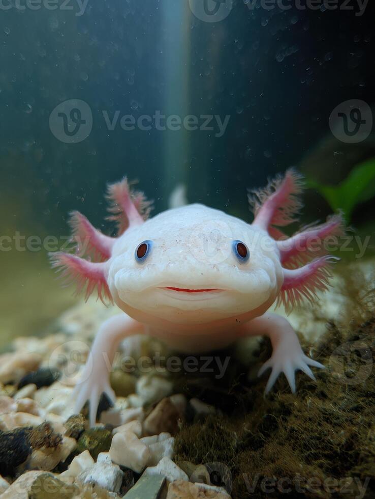Smiling Axolotl Exploring Clean Tank With Upper Third Free and Clear Lighting Displaying Vivid Features photo