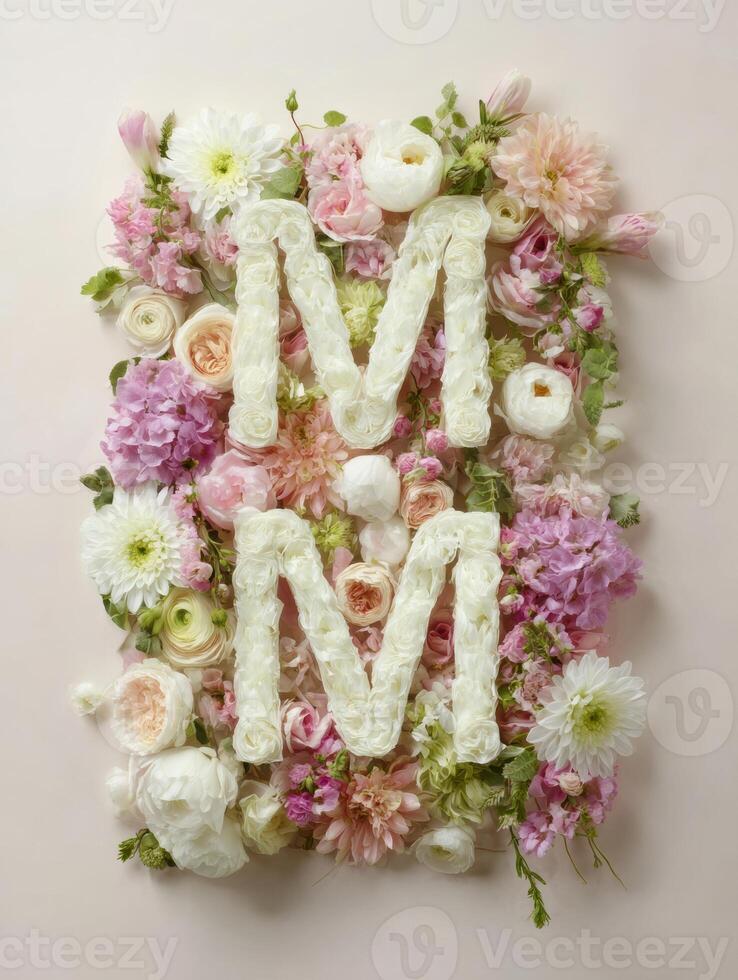 Bouquet of Soft-Toned Flowers Creating the Word MOM Arranged Artistically on a Light Background for a Heartfelt Tribute photo