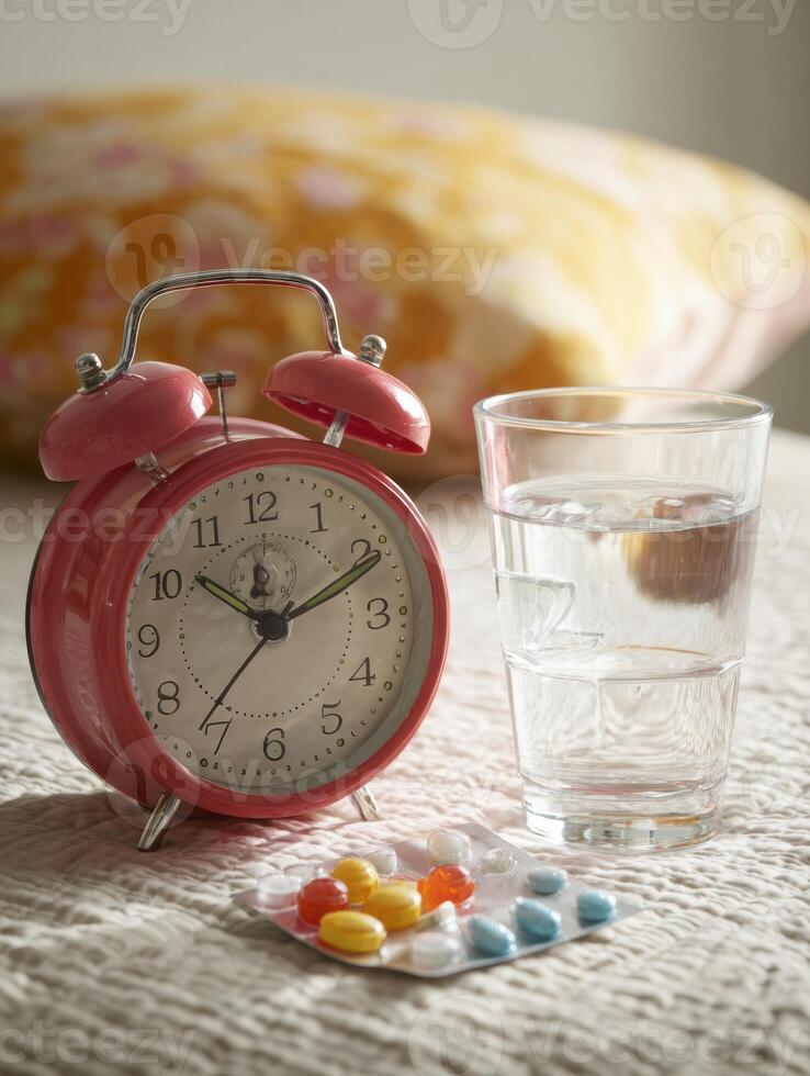 Morning Routine With Bedside Alarm Clock, Glass of Water, and Medication on Soft Bed Linens photo