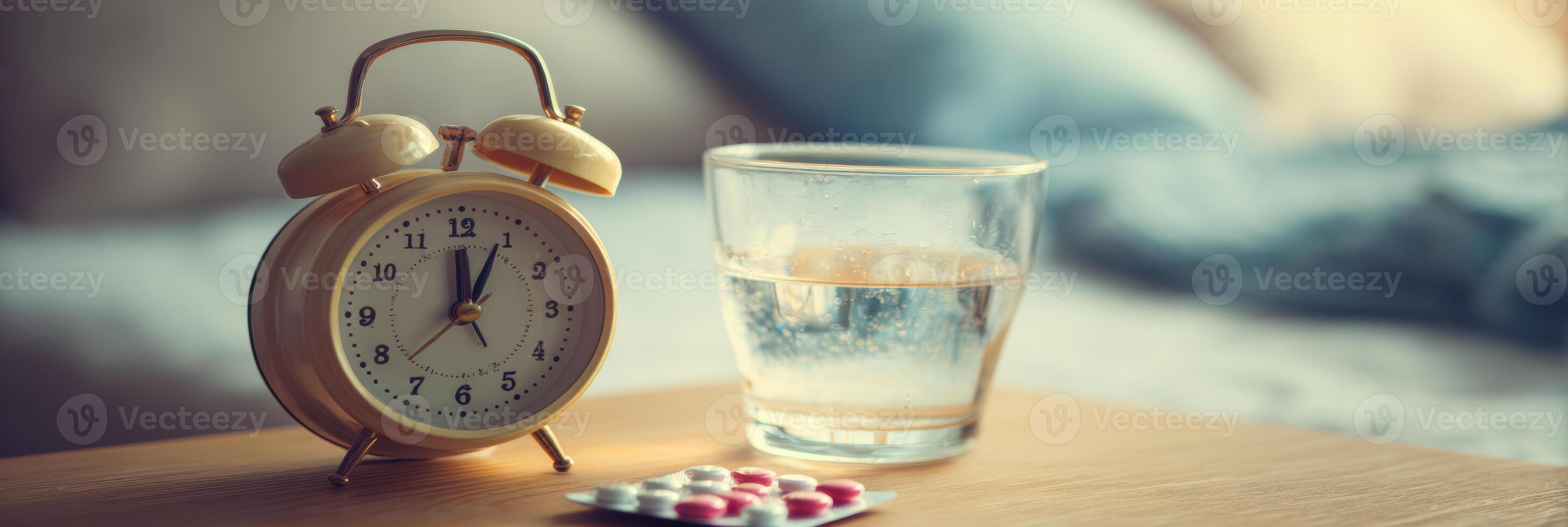Morning Alarm Clock and Glass of Water With Medication on Bedside Table During Light Morning Hours photo
