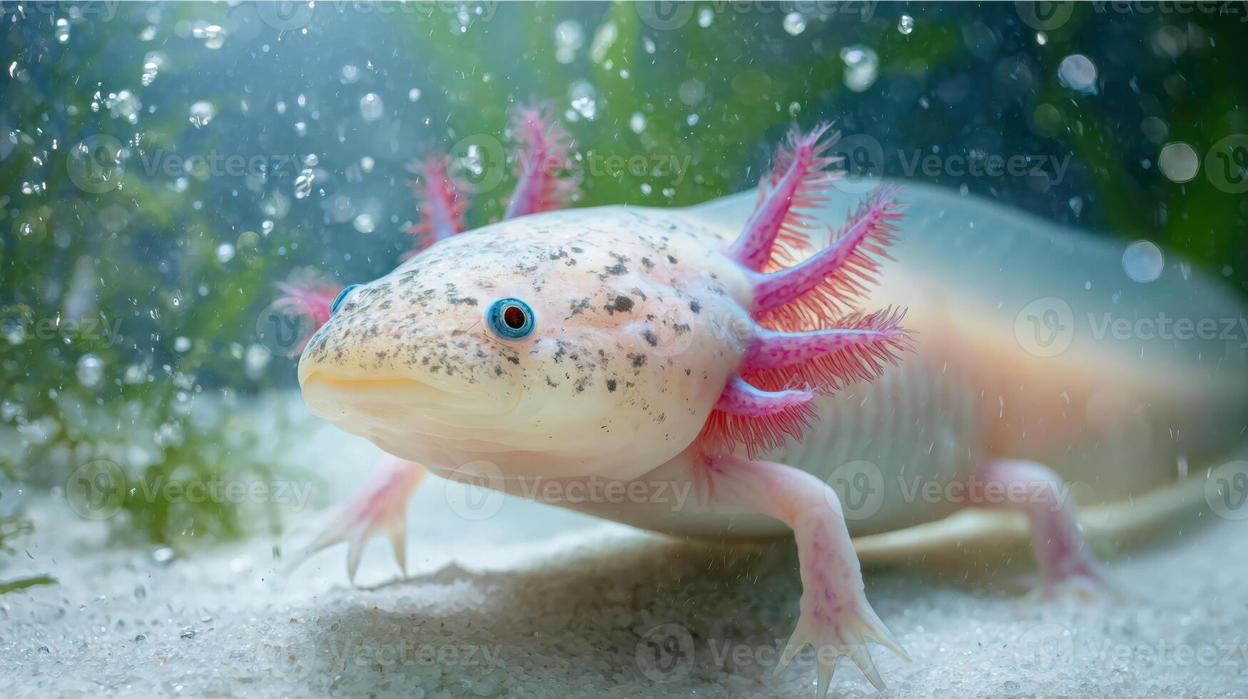 Colorful Axolotl Swims Gracefully in a Clean Aquatic Environment Filled With Light Bubbles and Clear Sand photo