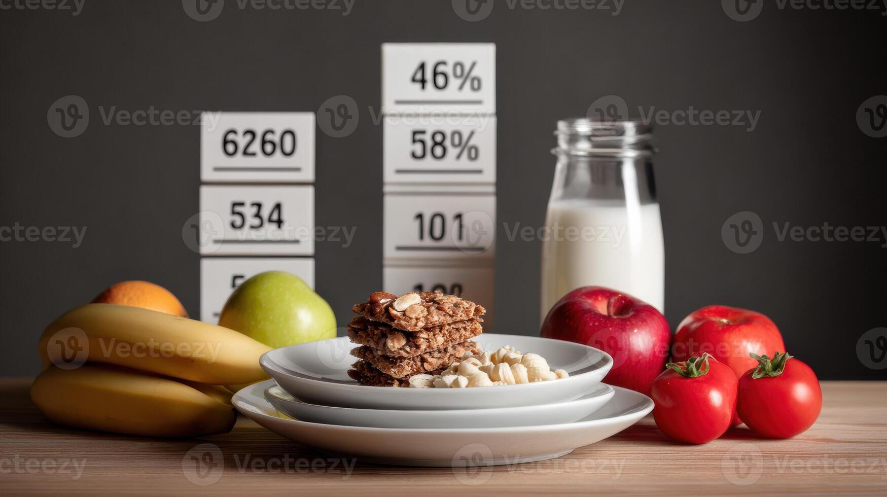 Balanced Diet Display Featuring Various Fruits, Grains, and Milk With Nutrition Facts Highlighted Prominently photo