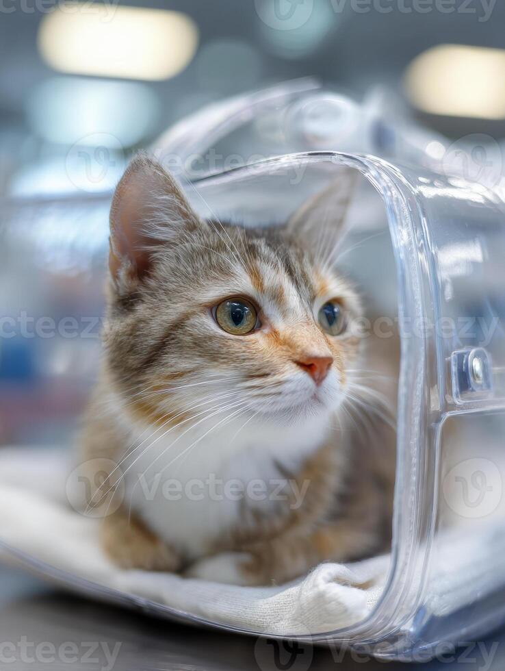 Calm Cat Resting in Transparent Carrier at Clinic, Enjoying a Peaceful Moment During Vet Visit photo