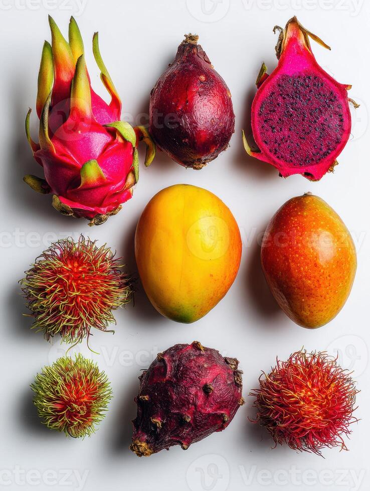 Colorful Collection of Exotic Fruits Including Dragonfruit, Rambutan, and Mango on a White Background Showcasing Their Vibrant Textures and Colors photo