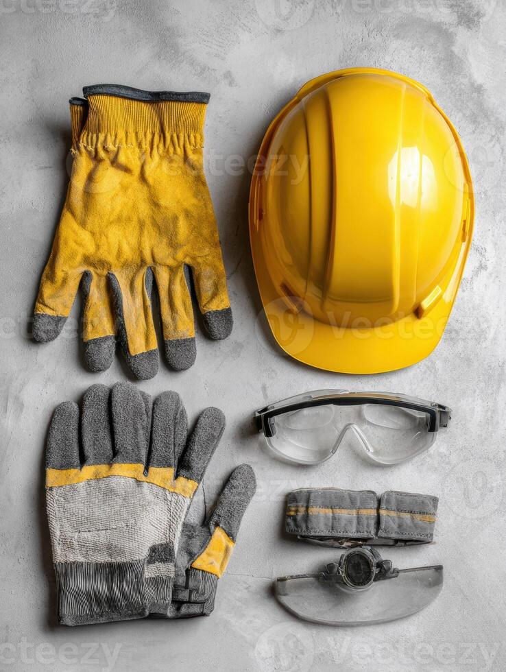 Safety Equipment Flat Lay With Hard Hat, Gloves, and Goggles on Neutral Background for Construction and Industrial Use photo
