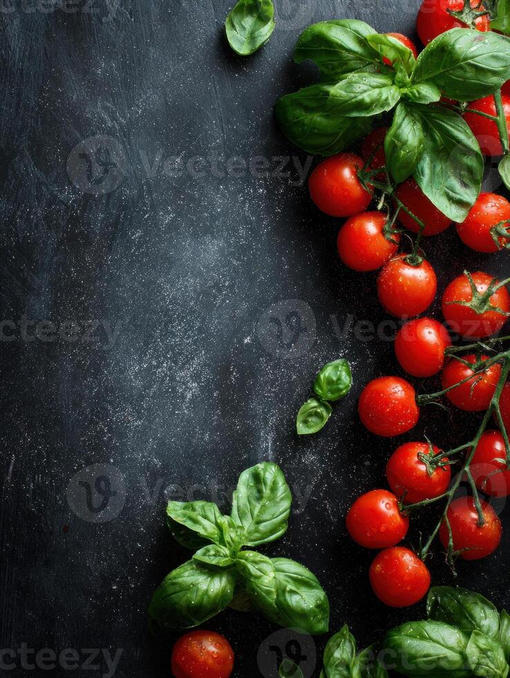 Fresh Cherry Tomatoes and Fragrant Basil Arranged on a Dark Chalkboard Background With Soft Center Lighting for a Vibrant Culinary Display photo