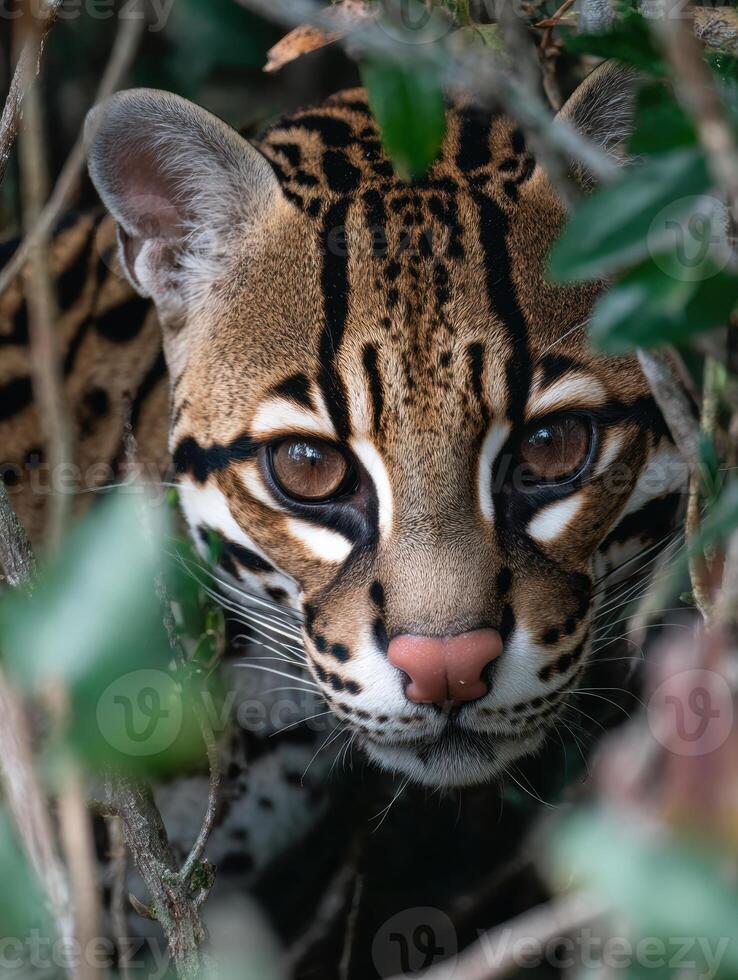 Ocelot Peeks From Lush Underbrush in Dense Jungle, Showcasing Striking Features and Curious Expression During Daylight Hours photo