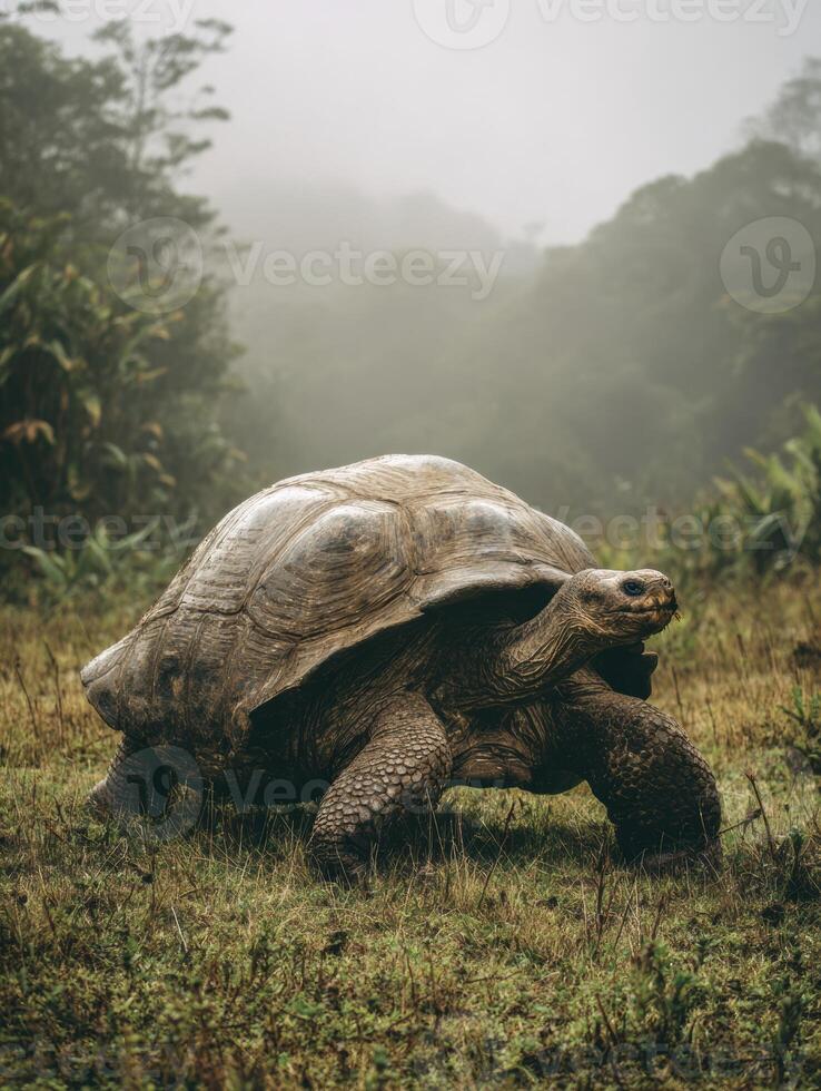 Galapagos Tortoise Walking Through Lush Grass With Jungle Haze in the Background During a Peaceful Moment in the Natural Habitat photo