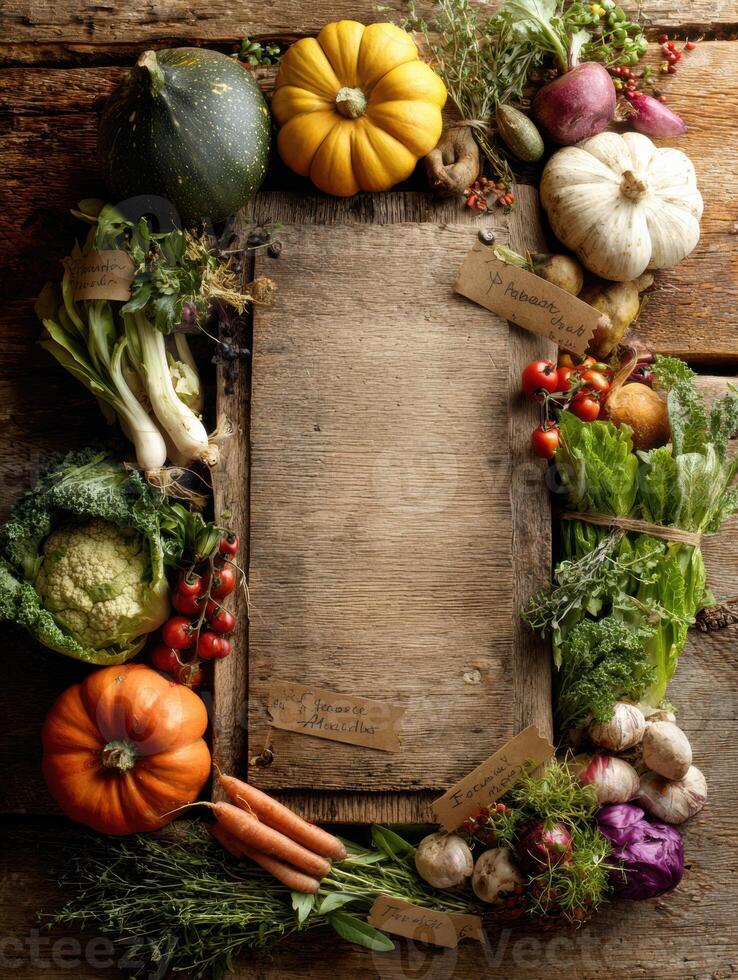 Rustic Table Adorned With Autumn Vegetables and Hand-Cut Labels Showcasing a Seasonal Harvest Display photo