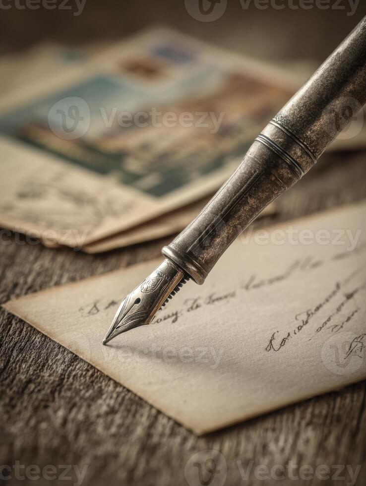 Pen Poised Over Vintage Postcard Awaiting Heartfelt Message in Warm Tones photo