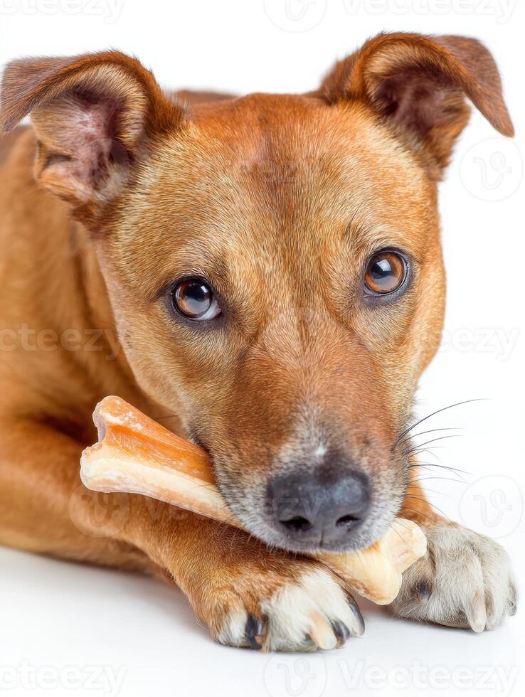Dog Joyfully Chewing a Bone on a Clean White Background With Plenty of Space for Text Display photo