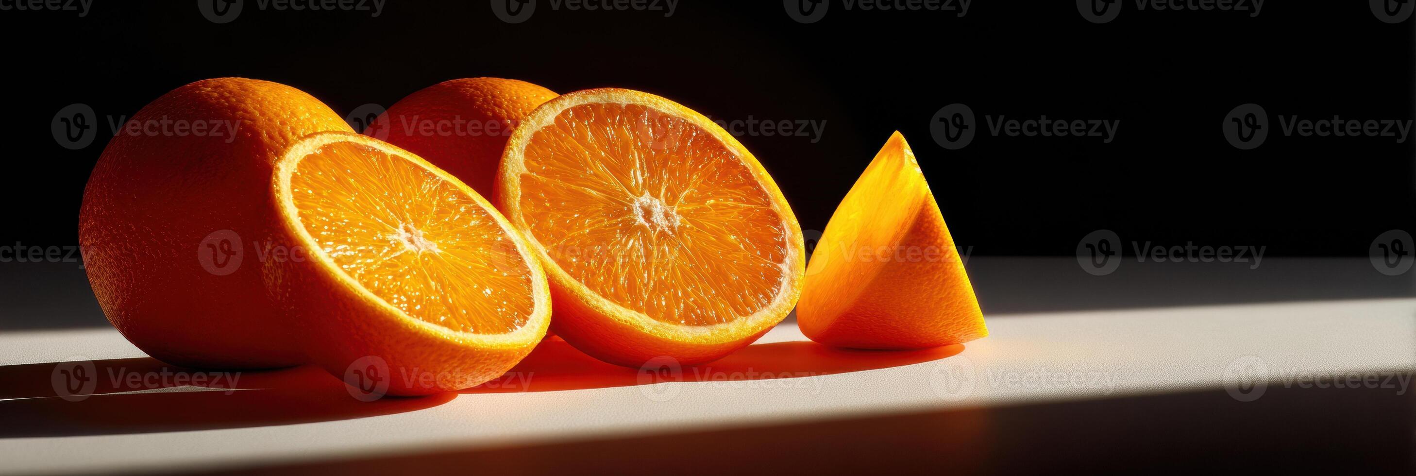 Sliced Oranges Showcase Vibrant Colors and Textures With Dramatic Shadows in a Clean, Top-Lit Setting photo