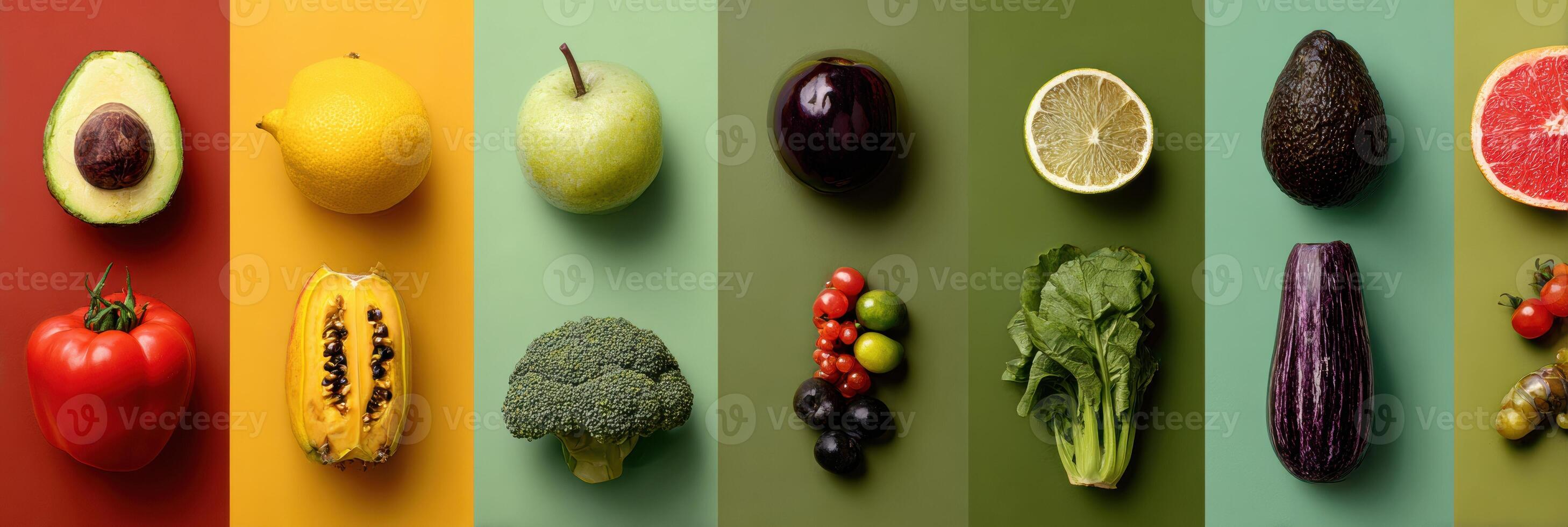 Colorful Arrangement of Fresh Fruits and Vegetables in a Healthy Grid Layout Highlighting Nutrition and Variety in Food Choices photo