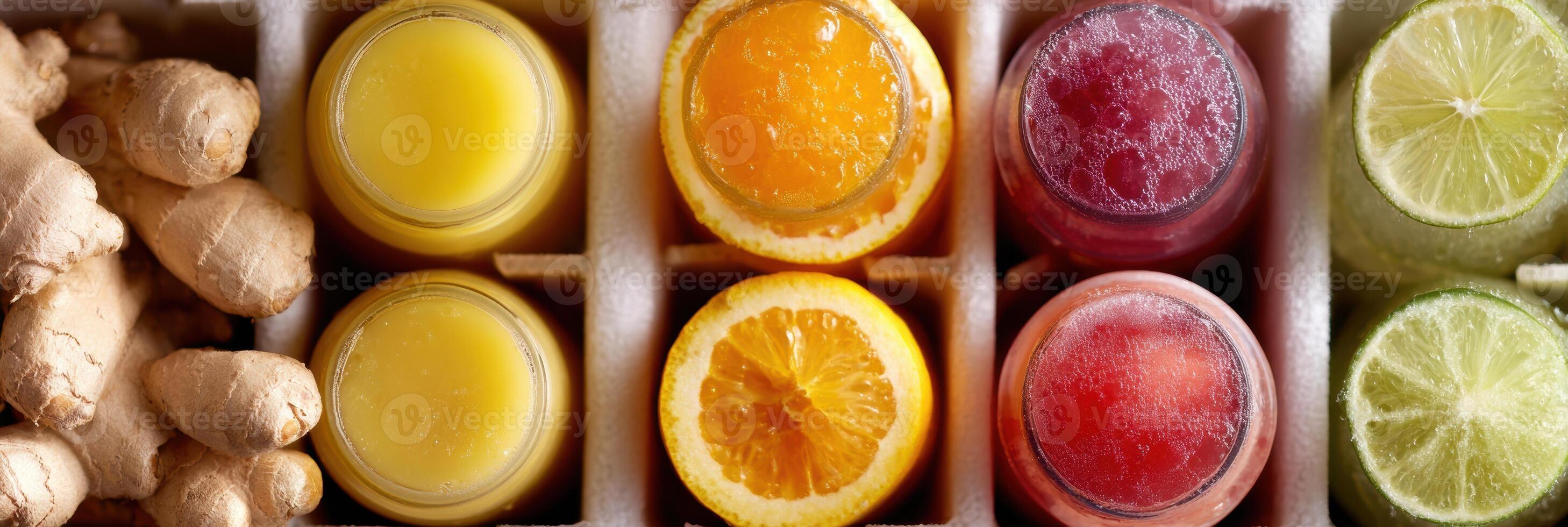 Fridge Stocked With Natural Cold Remedies Including Ginger Shots and Citrus Fruits for a Healthy Boost During Cold Season photo