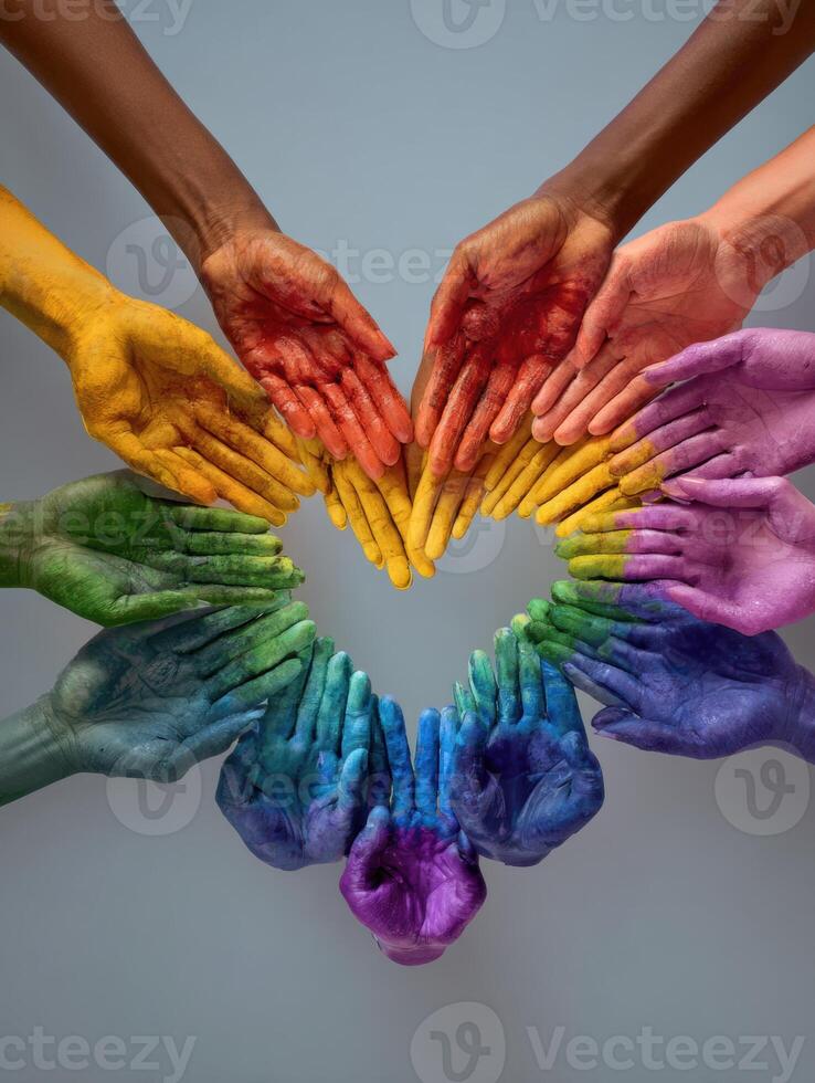 Diverse Hands Creating a Rainbow Heart Symbolizing Pride and Inclusivity in a Vibrant and Colorful Display photo